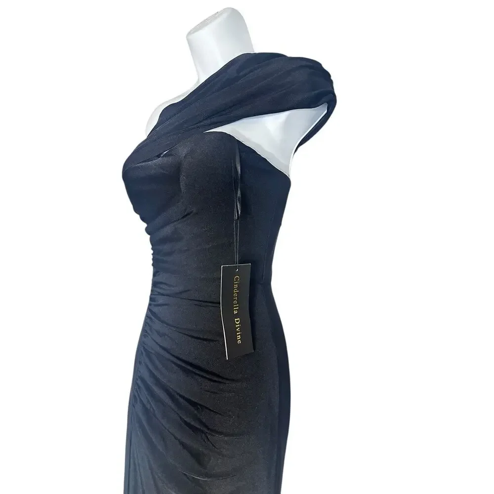 NWT Cinderella Divine Asymmetrical Neckline Bodycon Slit Black Dress Gown 2 - Picture 4 of 12